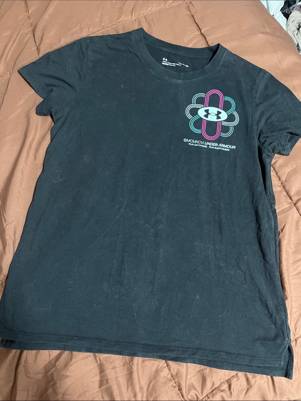 Under Armour Black Tee with Pink & Teal Logo loose fit small